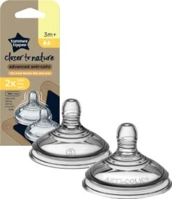 Tommee Tippee Advanced Anti-Colic Zuigfles Spenen, Borst-achtig, Zacht Silicone, Normale Uitstroomsnelheid, 3m+, Verpakking Van 2