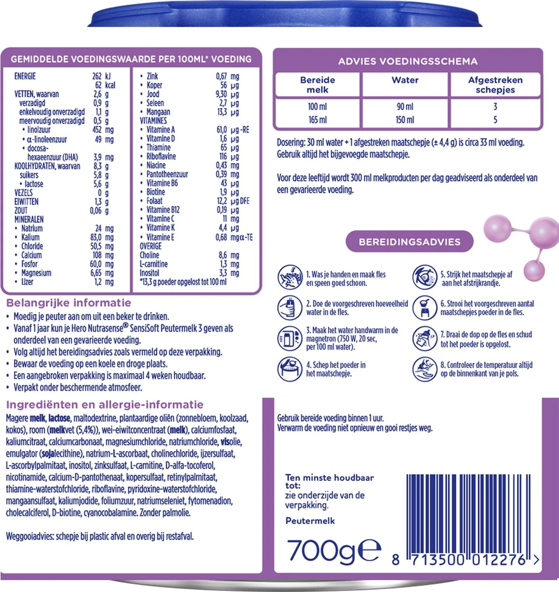 Hero Nutrasense SensiSoft Peutermelk 3 - Flesvoeding Vanaf 1 Jaar - 3 X 700 Gram - Met Melkvet - Palmolie Vrij 3 Hero Nutrasense SensiSoft Peutermelk 3 - Flesvoeding Vanaf 1 Jaar - 3 X 700 Gram - Met Melkvet - Palmolie Vrij - Afbeelding 3