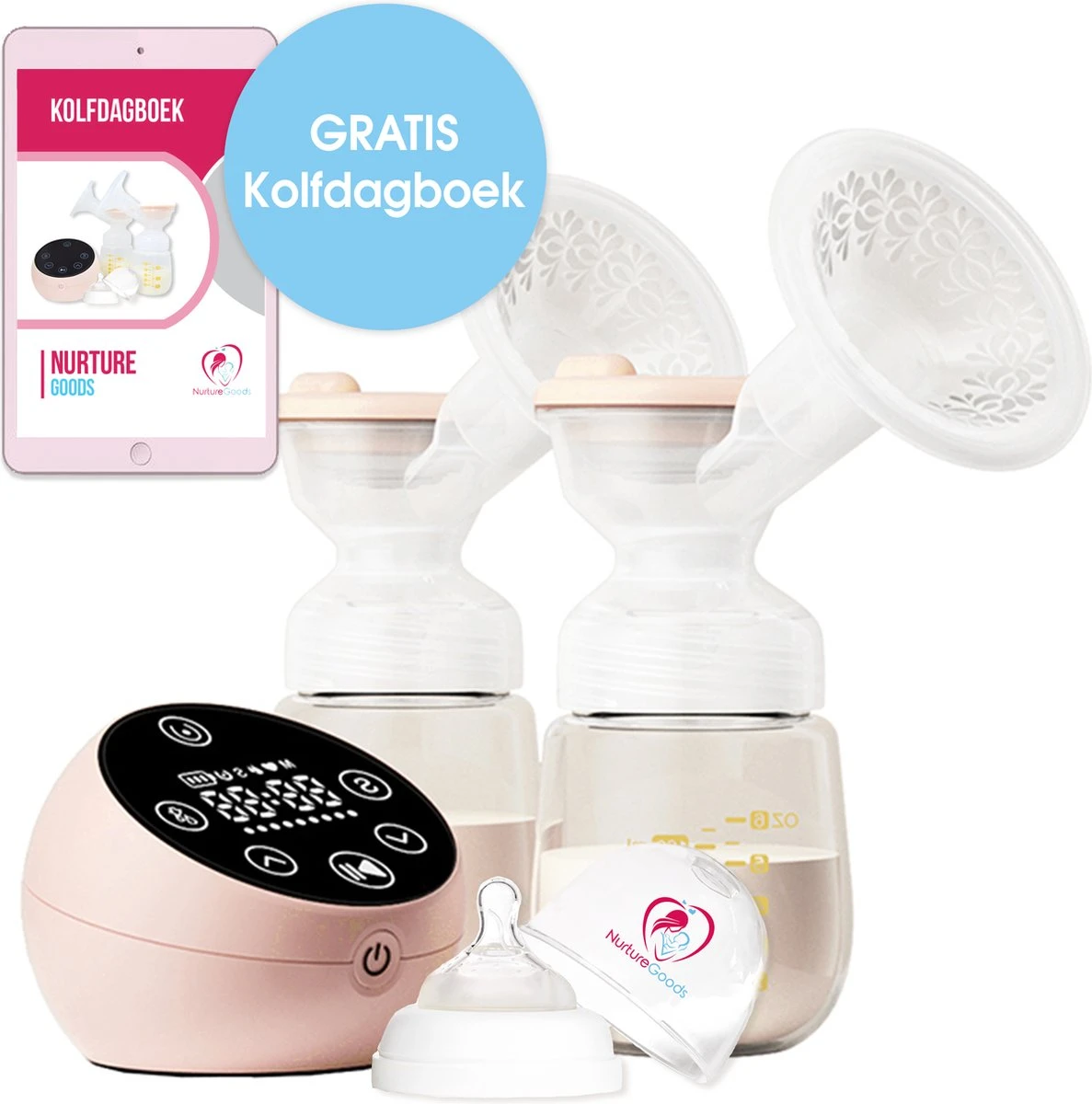 NurtureGoods Dual Efficient Borstkolf - Smart 3.0 - Vernieuwd 2023 Model - Draadloze Dubbele Elektrische Borstkolf - Oplaadbare Accu - Inclusief 2x180 Ml Babyfles, Kolfdagboek En Speen 1 NurtureGoods Dual Efficient Borstkolf - Smart 3.0 - Vernieuwd 2023 Model - Draadloze Dubbele Elektrische Borstkolf - Oplaadbare Accu - Inclusief 2x180 Ml Babyfles, Kolfdagboek En Speen