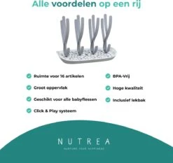Nutrea EasyDry – Flessen Droogrek Baby – Afdruiprek Babyfles – Droogrek Voor Flessen – Inclusief Lekbak – Grijs/Wit -Jollein Winkel 1200x1131