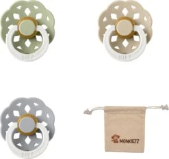 BIBS Boheme Fopspeen Set | Maat 2 6-18 Maanden | Set 3 Stuks + MONKIEZZ® Speenzakje | Glow In The Dark Sage, Cloud, Vanilla