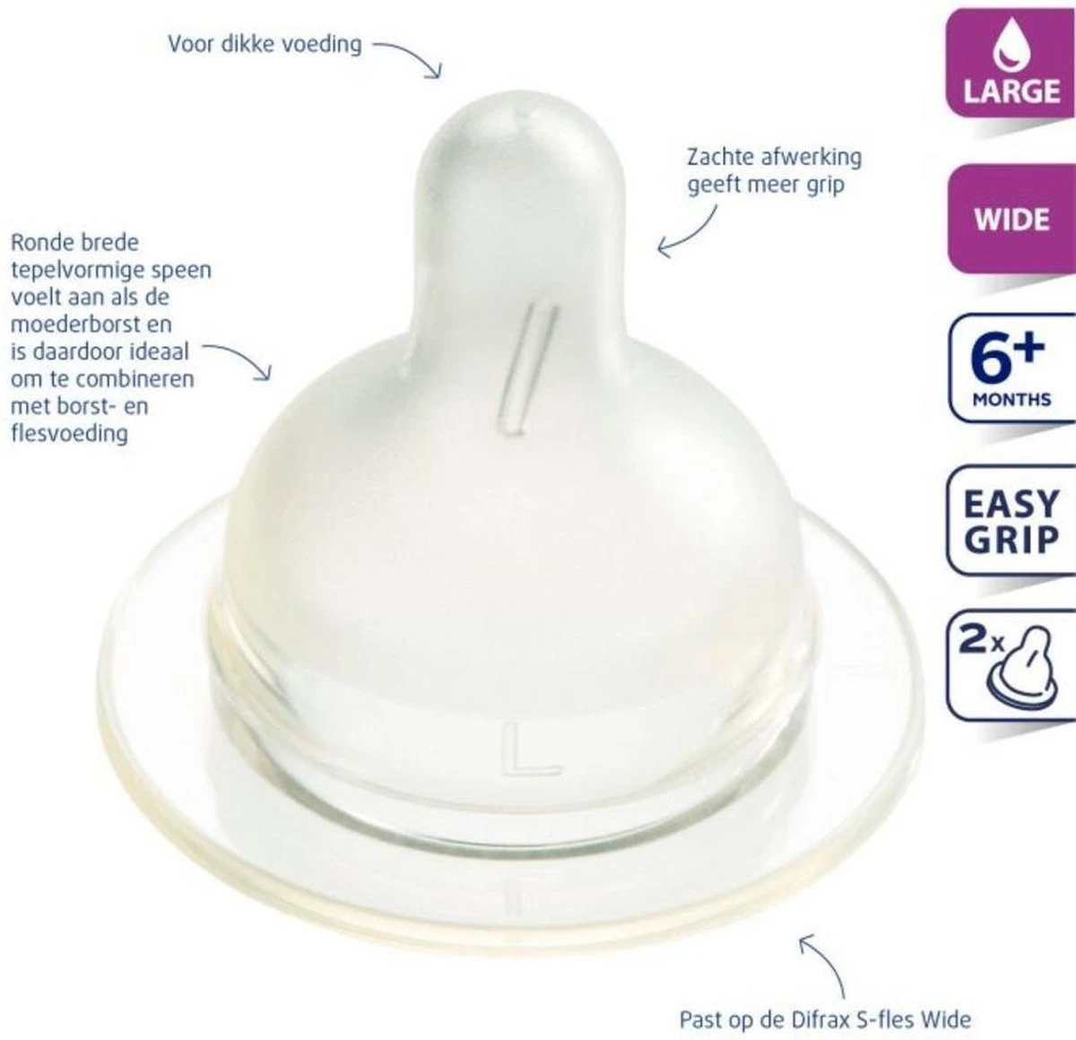 Difrax Flessenspeen Wide Voor Brede Babyflessen - Maat Large - 2 Stuks 2 Difrax Flessenspeen Wide Voor Brede Babyflessen - Maat Large - 2 Stuks - Afbeelding 2