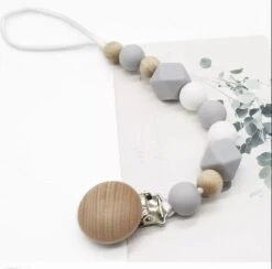 Speenkoord - Baby - Siliconen & Hout Kralen - BPA Vrij - Jongen - Meisje - Licht Grijs