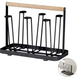 Flessenrek - Droogrek Babyfles - Flessen Rek Baby - Flessendroogrek - Afdruiprek - Afwasrek - Flessenrekje - Lekbak - Égouttoir - Zwart Met Houten Handvat - Vetalo