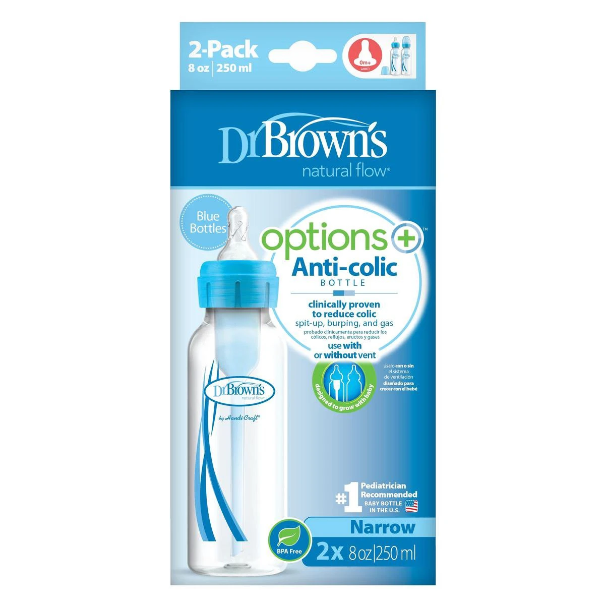 Dr. Brown's Options+ Anti-colic Standaard Fles - 250 Ml - Blauw - Duopack 2 Dr. Brown's Options+ Anti-colic Standaard Fles - 250 Ml - Blauw - Duopack - Afbeelding 2