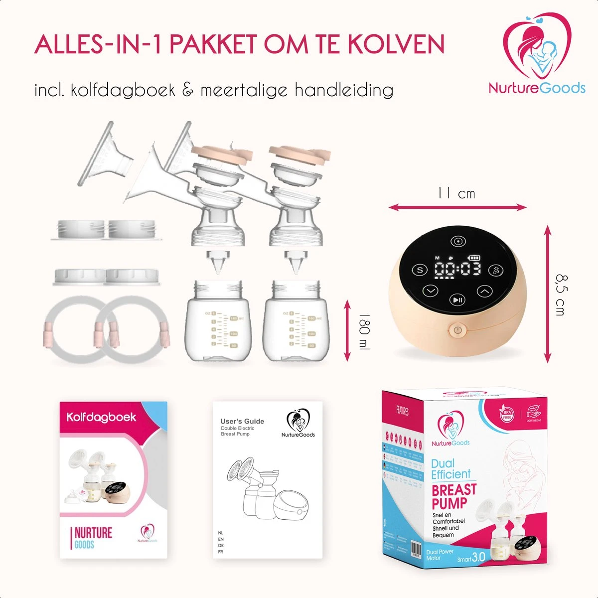 NurtureGoods Dual Efficient Borstkolf - Smart 3.0 - Vernieuwd 2023 Model - Draadloze Dubbele Elektrische Borstkolf - Oplaadbare Accu - Inclusief 2x180 Ml Babyfles, Kolfdagboek En Speen 9 NurtureGoods Dual Efficient Borstkolf - Smart 3.0 - Vernieuwd 2023 Model - Draadloze Dubbele Elektrische Borstkolf - Oplaadbare Accu - Inclusief 2x180 Ml Babyfles, Kolfdagboek En Speen - Afbeelding 9