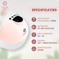 Felin Handsfree Borstkolf - Dubbele Draadloze Elektrische Borstkolf - Inclusief 30 Moedermelk Bewaarzakjes, 3 Maten Borstschildverkleiners & E-Book -Jollein Winkel 1200x1200 721