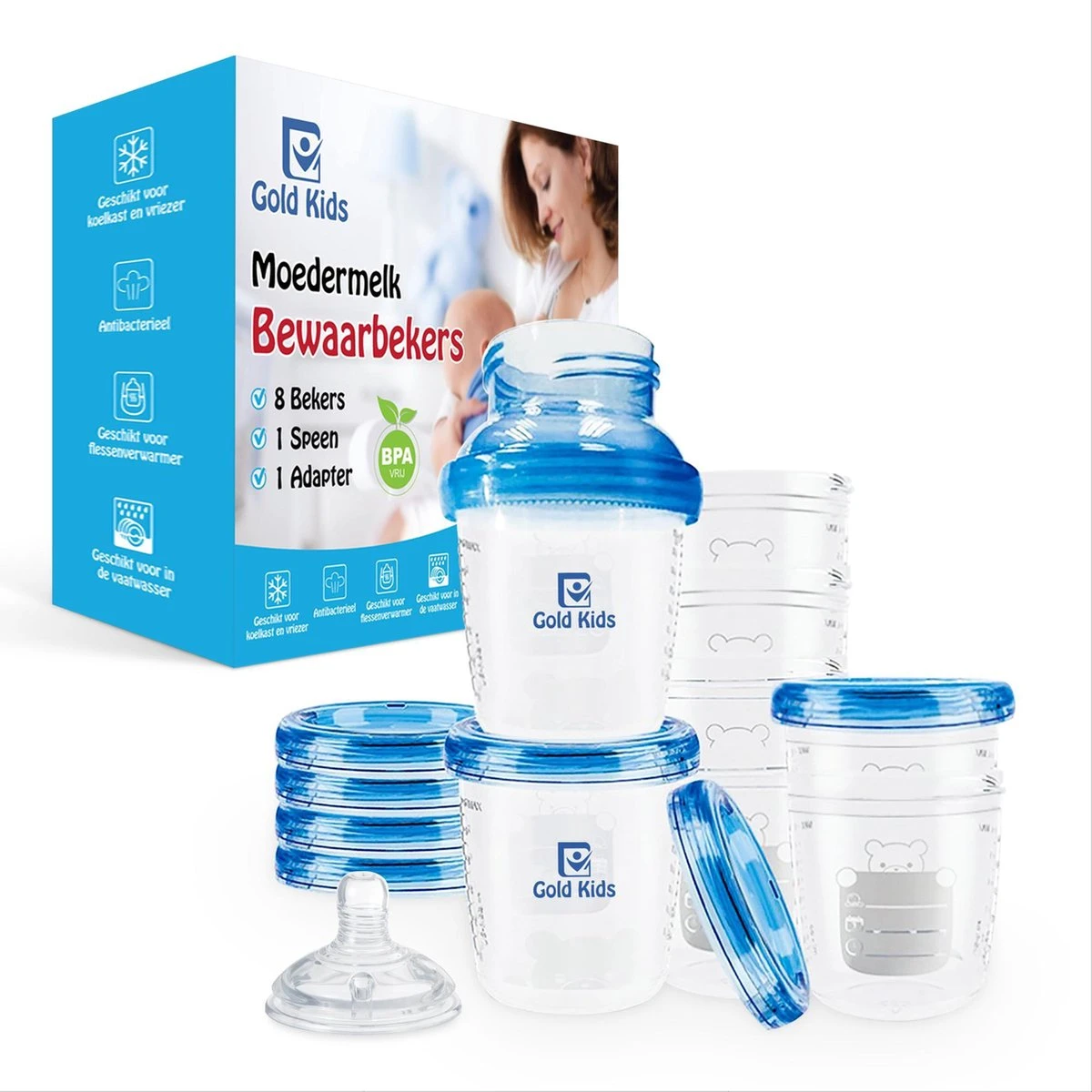 Gold Kids Moedermelk Bewaarbekers Voor Babyvoeding – Compleet Pakket Inclusief Adapter En Speen - Bewaarbakjes 1 Gold Kids Moedermelk Bewaarbekers Voor Babyvoeding – Compleet Pakket Inclusief Adapter En Speen - Bewaarbakjes