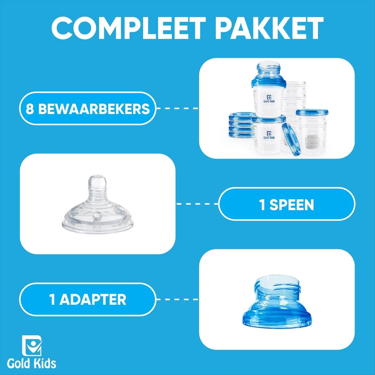Gold Kids Moedermelk Bewaarbekers Voor Babyvoeding – Compleet Pakket Inclusief Adapter En Speen - Bewaarbakjes 6 Gold Kids Moedermelk Bewaarbekers Voor Babyvoeding – Compleet Pakket Inclusief Adapter En Speen - Bewaarbakjes - Afbeelding 6