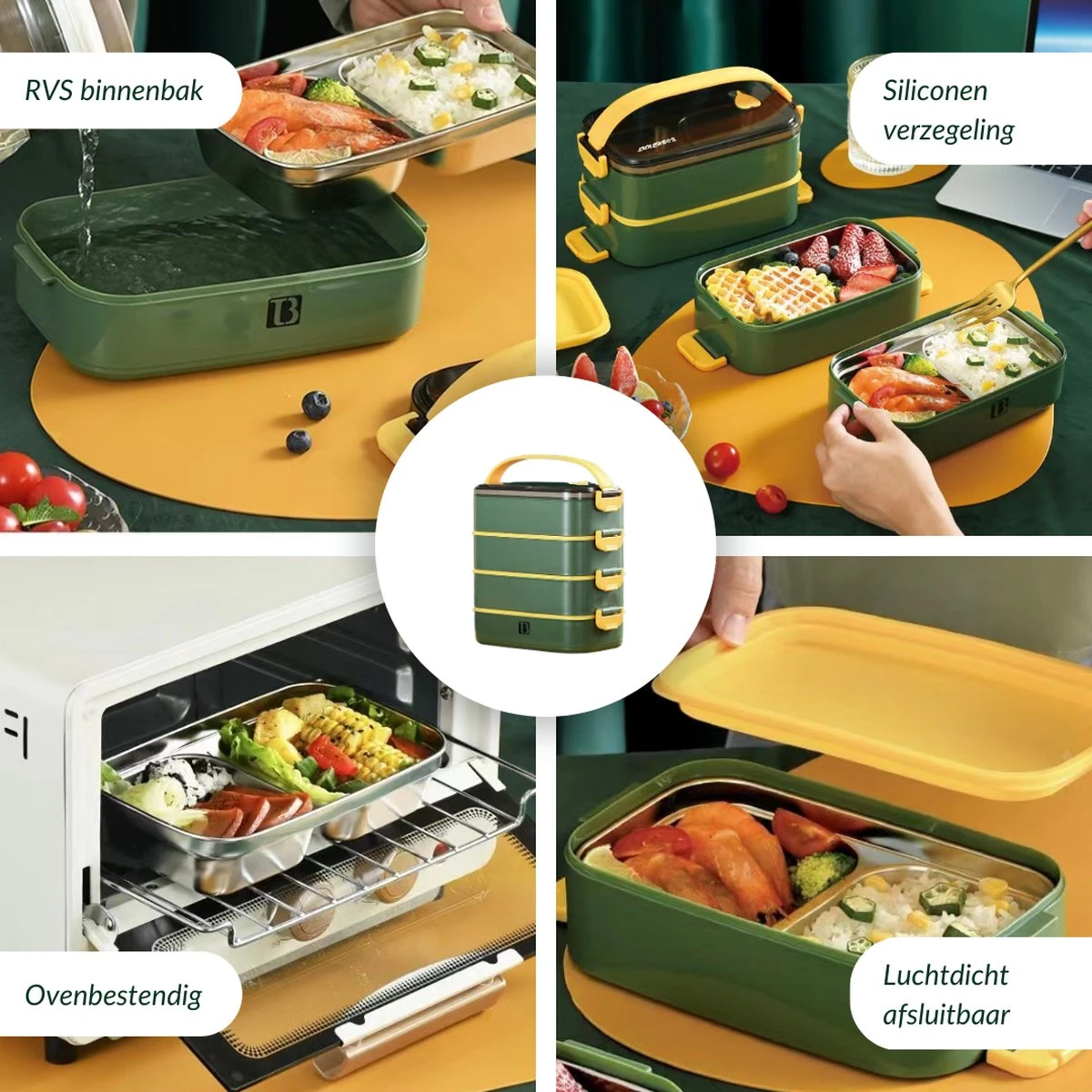 Buxibo - Multifunctionele Stapelbare Lunch Box - Bento Box - Lekvrije Voedsel Container Met Handvat - 4-Laags - Anti - Overflow - Geïsoleerde Maaltijd Box Voor Werk/Kantoor/School - Roestvrijstaal - Groen - 2800ML 4 Buxibo - Multifunctionele Stapelbare Lunch Box - Bento Box - Lekvrije Voedsel Container Met Handvat - 4-Laags - Anti - Overflow - Geïsoleerde Maaltijd Box Voor Werk/Kantoor/School - Roestvrijstaal - Groen - 2800ML - Afbeelding 4