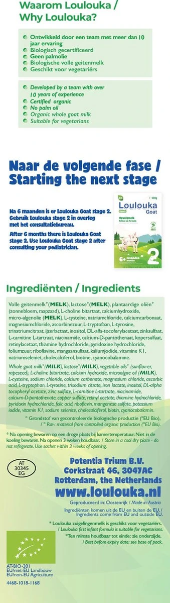 Loulouka 1 Geit – Biologische Zuigelingenmelk Op Basis Van Volle Geitenmelk – 400g 2 Loulouka 1 Geit – Biologische Zuigelingenmelk Op Basis Van Volle Geitenmelk – 400g - Afbeelding 2