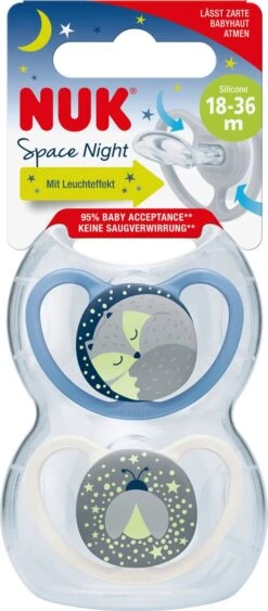 Nuk Space Night- Siliconen Fopspenen, 2st. Set- Gloeit In Het Donker 18-36 Maanden -Jollein Winkel 526x1200