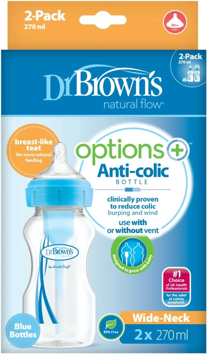 Dr. Brown's Options+ Anti-colic Bottle - Brede Halsfles - 270 Ml - Duopack Blauw 2 Dr. Brown's Options+ Anti-colic Bottle - Brede Halsfles - 270 Ml - Duopack Blauw - Afbeelding 2