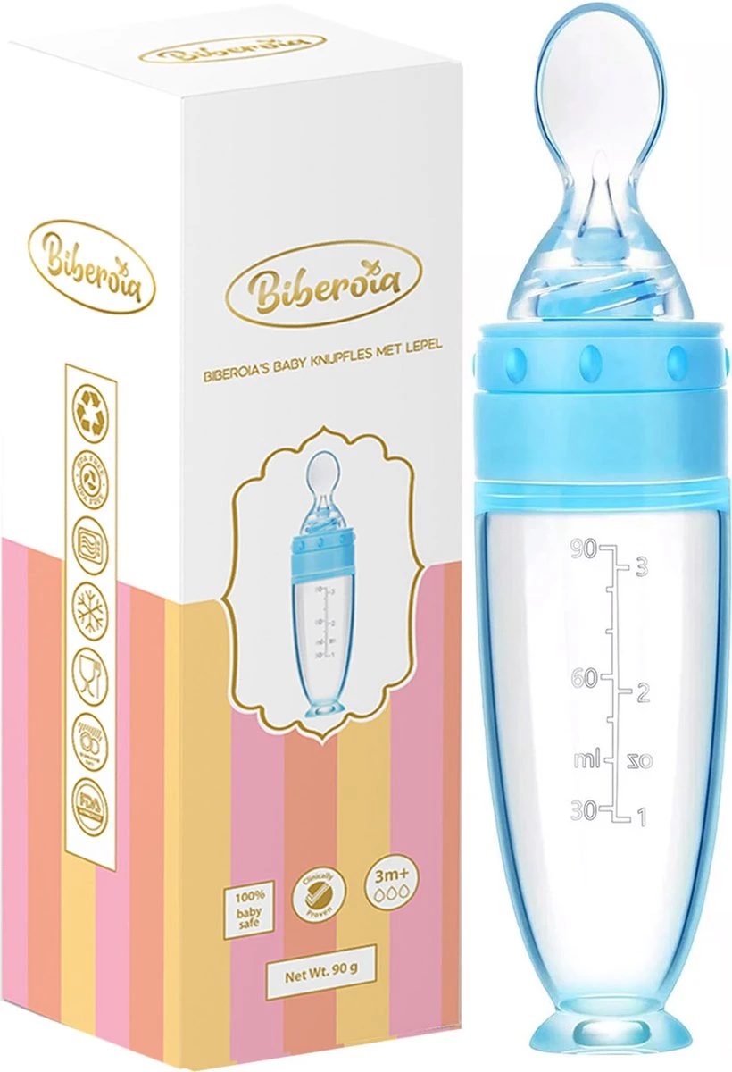 Biberoia® Knijpfles Met Lepel – Drinkfles - Baby / Kinderbestek - Kraamcadeau – Babyshower – Blauw 1 Biberoia® Knijpfles Met Lepel – Drinkfles - Baby / Kinderbestek - Kraamcadeau – Babyshower – Blauw